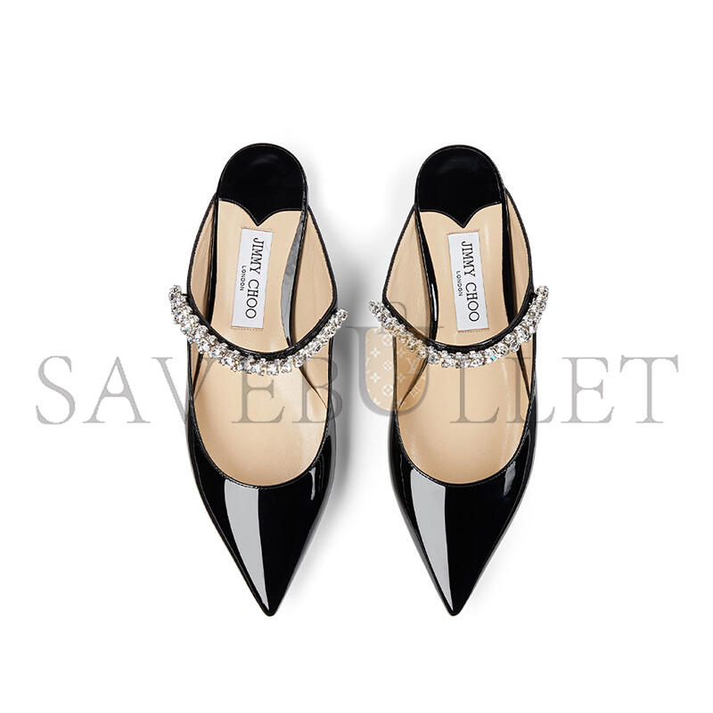 J1m*y Ch00 black patent leather mules with crystal strap bingflatpat010003